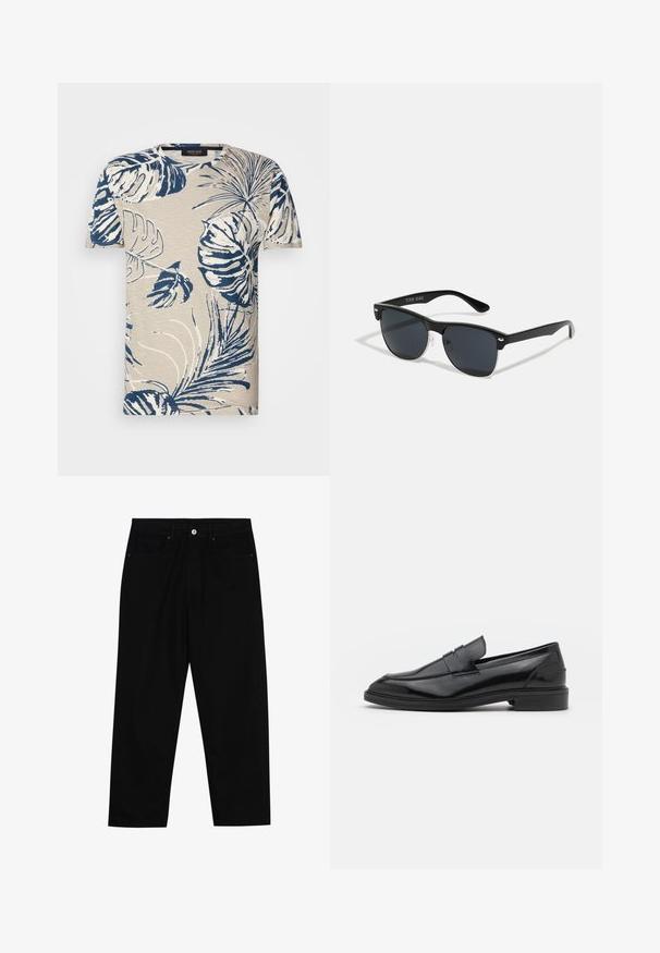 Short-sleeve T-shirt in beige with a navy blue tropical leaf pattern, featuring a crew neckline and a textured fabric appearance.; Black denim pants featuring a straight-leg cut, five-pocket design, and a front button closure. Smooth texture with minimal stitching details.; Black leather loafers with a smooth finish, featuring a rounded toe and a narrow band across the upper. Low stacked heel.; Black sunglasses with a rectangular shape, dark lenses, silver accents at the temples, and a matte finish on the frame.