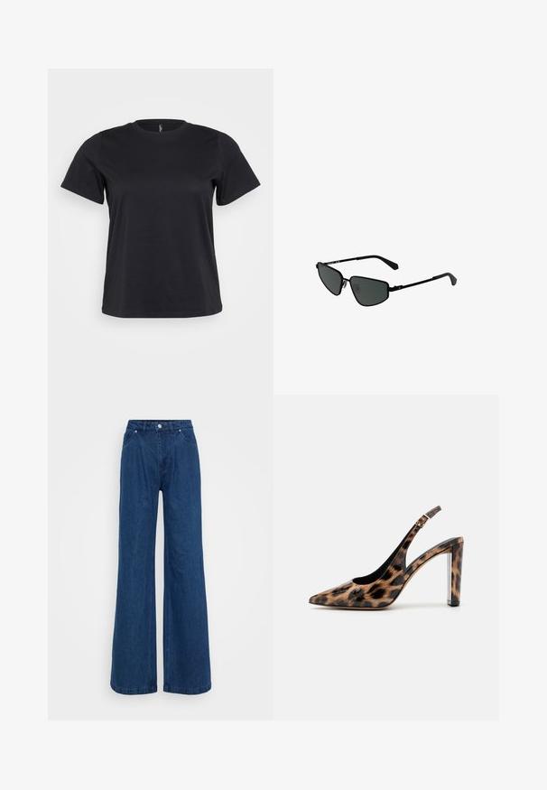 Black cotton t-shirt with short sleeves, crew neckline, relaxed fit, and smooth texture. No visible graphics or patterns.; Wide-leg blue denim jeans with a high waist, front button and zipper closure, and front and back pockets against a plain background.; Leopard print slingback pump with a pointed toe and transparent block heel. Made of glossy material with a smooth texture.; Black metal sunglasses with angular frames and dark lenses. Features thin, straight arms and nose pads for secure fit.