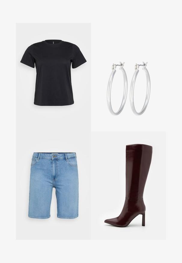 Zwarte katoenen t-shirt met korte mouwen, ronde hals, relaxed fit en een gladde textuur. Geen zichtbare grafische elementen of patronen.; Lichtblauwe denim shorts met een klassieke snit, voorzien van een knoopsluiting aan de voorkant, riemlussen en twee zijzakken. Gladde textuur en rechte zoom.; Even&Odd Laarzen - dark red; Zilveren oorbellen in de vorm van een gladde, gepolijste ring. Ronde vorm met een veilige kliksluiting. Lichtgewicht ontwerp, geschikt voor dagelijks gebruik.