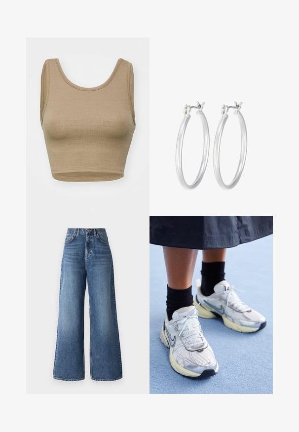 Beige, verkürztes Tanktop aus strukturiertem Strickstoff mit rundem Halsausschnitt und weiten Armausschnitten, das einen klaren, einfachen Schnitt aufweist und keine Verschlüsse hat.; Hochtaillierte, lässige Jeans aus hellblauem Denim mit einem klassischen Fünf-Taschen-Design und dezentem Verblassen entlang der Beine.; Weiße und silberne Nike-Sneaker aus Mesh-Gewebe, mit reflektierenden Akzenten und einer beigen Sohle. Getragen mit schwarzen Socken und stehend auf einer blauen Fläche.; Silberne Creolen mit einer glatten, polierten Oberfläche. Runder Form und sicherem Klickverschluss. Leichtes Design, geeignet für den täglichen Gebrauch.