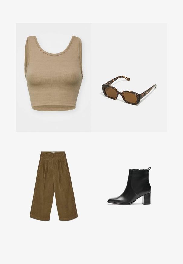 Beige cropped tank top lavet af tekstureret strikstof med rund halsudskæring og brede armåner, med et rent, enkelt snit uden lukninger.; Brune vidde-bukser i kordfløjl med høj talje, frontfolder, sidelommer og knaplukning.; Sorte læder ankelstøvler med en rund tå, en mellemhøj blokhæl og en løkke bagpå. Glat tekstur, minimalistisk design.; Skildpadde-solbriller med en rund, kraftig ramme og brune linser. Har subtile mønstre og lige, afsmalnende stænger.