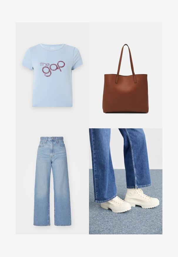 Camiseta de algodón azul claro con cuello redondo y mangas cortas. Presenta un texto de logo burdeos brillante "the gap" en una fuente divertida.; Jeans de tiro alto y pernera ancha en azul claro, con cierre frontal de botón y cremallera, y bolsillos delantero y trasero, sobre un fondo blanco.; Zapatillas deportivas blancas de caña alta con suelas gruesas y estriadas, y detalle de logo circular, combinadas con jeans de mezclilla de pierna ancha en azul claro.; Bolso tote de cuero marrón con una textura suave, diseño de apertura superior y dos correas para el hombro. Presenta una costura mínima y sin herrajes visibles.