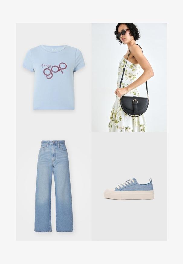 Világoskék pamut póló kerek nyakkal és rövid ujjal. Csillogó bordó „the gap” logó szöveggel rendelkezik játékos betűtípussal.; Világoskék, magas derekú, bő szárú farmernadrág, elülső gombbal és cipzárral, elülső és hátsó zsebekkel, fehér háttérrel.; Világoskék vászon sportcipők, krémszínű gumitippel és talppal, fehér fűzőkkel és egy húzófüllel a sarkán.; Fekete bőrtáska ívelt formával, levehető pánttal és arany színű fémrészekkel. A táskán egy csattal díszített fedél található.