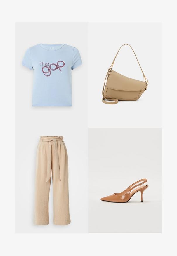 Šviesiai mėlyna medvilninė marškinėliai su apvaliu iškirpimu ir trumpomis rankovėmis. Puošia blizgus bordo spalvos logotipas su tekstu "the gap" žaismingu šriftu.; Smėliniai plačiakojai kelnių su diržu, pagaminti iš tekstūruoto audinio. Yra priekinė klostė ir lygi apdaila palei apačią.; Pailgų smailiu pirštu slingback kulnas, pagamintas iš lygaus, blizgaus rudos spalvos medžiagos. Yra kreivų išpjovimų dizainas ir lieknas stiletto kulnas. Sidabrinė sagtis.; Even&Odd Rankinė - beige