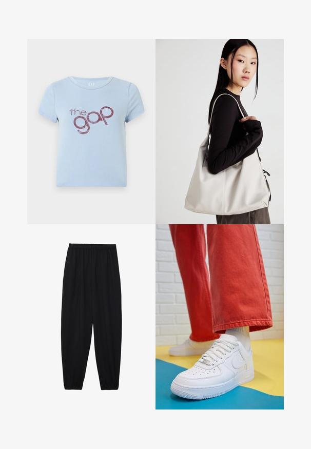 T-shirt de algodão azul claro com decote redondo e mangas curtas. Apresenta um texto de logótipo burgundy brilhante "the gap" numa fonte divertida.; Calças pretas, leves, com um cinto elástico e punhos franzidos. O tecido é suave e apresenta um design relaxado e afunilado.; Sapatilha de couro branca com biqueira perfurada, sola texturizada e atacadores brancos, combinada com calças largas vermelhas e um fundo azul e amarelo.; Uma bolsa bege feita de material macio, com um design descontraído, detalhes de costura e duas alças para o ombro. Adequada para uso diário.