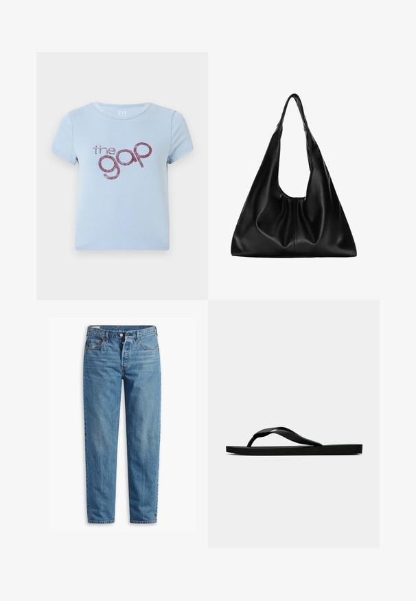 Tricou din bumbac de culoare albastră deschisă, cu guler rotund și mâneci scurte. Prezintă un text logo lucios de culoare burgundă "the gap" într-un font jucăuș.; Jeans din denim albastru cu croi drept, prezentând un fermoar, două buzunare frontale și o decolorare subtilă pe întreaga țesătură.; Sandala flip-flop din cauciuc negru, cu un bretele texturat și o talpă simplă și plată, prezentată din lateral pe un fundal simplu și deschis.; Geantă hobo din piele neagră, cu o formă moale și curbată. Prezintă un mâner lat în partea de sus și pliuri la bază pentru o textură lejeră.