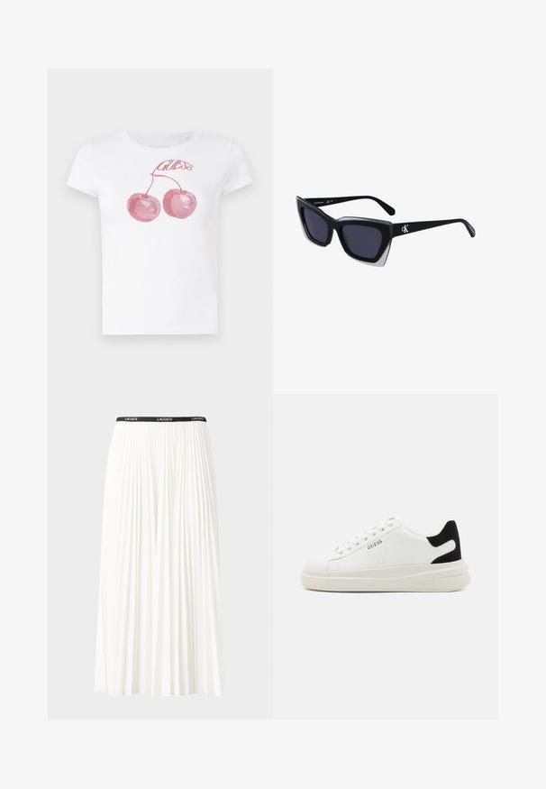Bílý tričko s krátkým rukávem, který zdobí růžové flitrové třešně a nápis "Guess" nad nimi. Klasický design s kulatým výstřihem a měkkou texturou.; Záhybová bílá sukně s černým elastickým pasem s logem "LACOSTE". Suška je střední délky a má jemnou texturu.; Bílé kožené tenisky s tlustou bílou podrážkou, černým semišovým akcentem na patě a vyraženým logem na boku. Šněrovací design se šesti očka.; Černé oversized sluneční brýle geometrického tvaru, s tmavými skly a kontrastním šedým detailem na rámu. Logo na rameni.