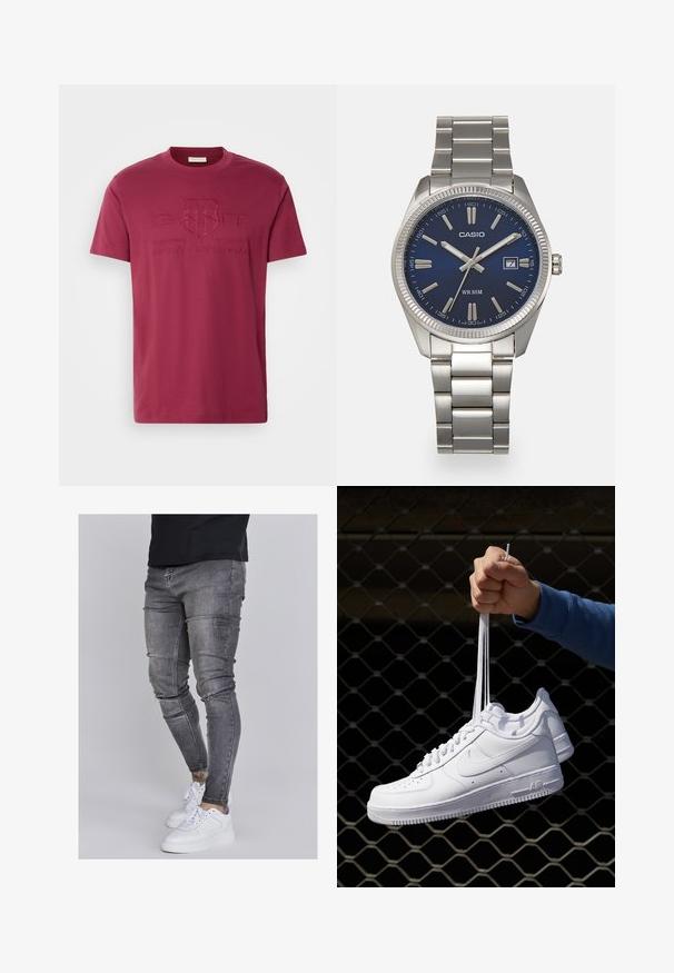 GANT TONAL SHIELD - Potiskana majica - rich wine; Oprijete jeans hlače iz izbledele sive denima, z obrabljenimi detajli na kolenih, v kombinaciji z belimi športnimi copati. Gladka tekstura, oblikovan slim fit dizajn.; Bela usnjena športna obutev s perforacijami, okroglo konico, ravnim podplatom in debelimi vezalkami, z vidnim logotipom smoosh in napisom "AIR" na peti.; Srebrna nerjaveča jeklena ura z modrim številčnico, kovinskimi kazalci ter oknom za datum na 3. uri. Vodoodporna do 50 metrov.