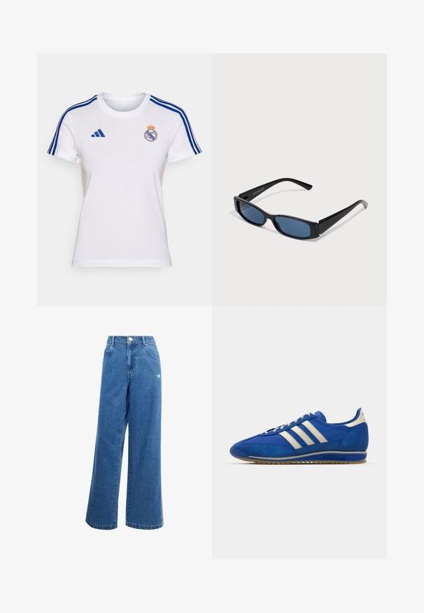 Camiseta de algodón blanca con rayas azules de Adidas en las mangas, con el logo del Real Madrid en el pecho y un diseño de cuello redondo.; Jeans de mezclilla azul de pierna ancha con una cintura alta, bolsillos delanteros y un pequeño detalle de logo blanco en la cadera. Textura ligeramente desgastada.; Zapatilla de ante azul de perfil bajo, con tres rayas blancas, una puntera texturizada y una suela de goma.; Gafas de sol negras con una elegante montura rectangular y lentes azules. Presentan una textura suave y varillas resistentes. Logo de la marca en el costado.