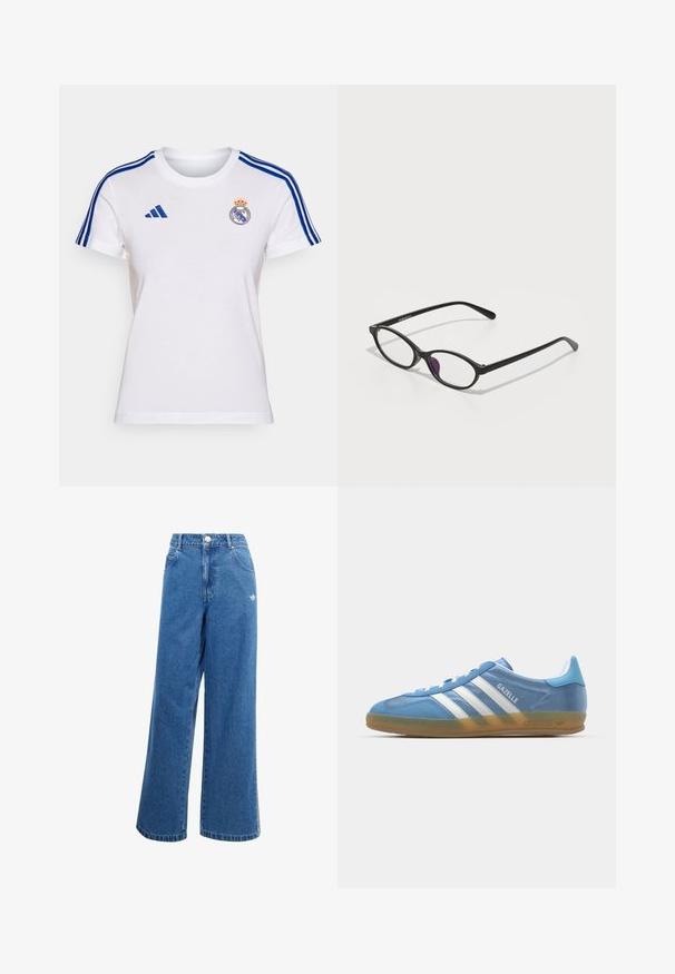 Valkoinen puuvillapaita, jossa on siniset Adidas-raidat hihoissa, etuosassa Real Madridin logo ja pyöreä kaula-aukko.; Sininen farkkuhousu, jossa on leveät lahkeet, korkea vyötärö, etutaskut ja pieni valkoinen logodetaali lantiolla. Hiukan haalistunut pinnan rakenne.; adidas Originals GAZELLE INDOOR - Matalavartiset tennarit - footwear white; Musta muovinen silmälasi, jossa on soikea muoto, läpinäkyvät linssit ja yksi violetti korostus vasemmassa linssissä. Tyylikäs, minimalistinen muotoilu.