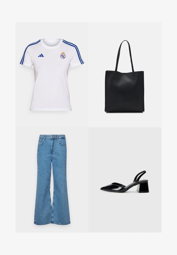 Hvit bomull t-skjorte med blå Adidas-striper på ermene, med Real Madrid-logo på brystet og rund halsdesign.; Lyseblå vide jeans laget av denim, med høyt liv, fem lommer og en enkelt knappelukking. Myk tekstur med falmet finish.; Svarte patentlær slingback hæler med spiss tå og geometrisk blokk hæl. Har et stilrent, minimalistisk design og jevn tekstur.; Svart lær tote bag med glatt tekstur, rektangulær form og to lange håndtak. Ingen synlige deler eller dekorasjoner.