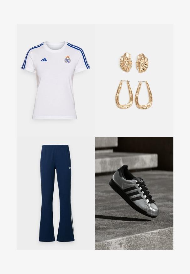 T-shirt de algodão branca com riscas azuis da Adidas nas mangas, apresentando o logo do Real Madrid no peito e um design de gola redonda.; Calças de fato de treino azul-marinho com canelado, boca alargada, riscas brancas laterais e logótipo bordado no lado esquerdo, com dois bolsos laterais.; Sapatilha prateada com sola de borracha preta, atacadores pretos e três riscas pretas. Apresenta um acabamento metálico e design clássico com biqueira reforçada.; Brincos em tom de ouro com formas onduladas e texturizadas. Inclui studs escultóricos com presilha e um design de argola aberta com um acabamento martelado.