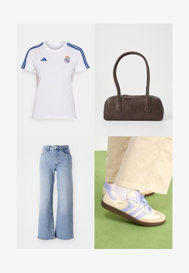 Vit bomullströja med blå Adidas-strimmor på ärmarna, med Real Madrid-logotyp på bröstet och rund halsdesign.; Ljusblå högmidjade vida jeans med fram- och bakfickor, tryckknappsstängning och subtil blekning på låren och fållen.; Krämfärgade och lavendelfärgade sneakers med tre ränder och en texturerad brun sula, med snören och en vadderad häl. Mjuk tygobero.; Brun läderhandväska med två stadiga handtag, rektangulär form, slät yta och dragkedjestängning. Minimalistisk design utan synliga mönster.