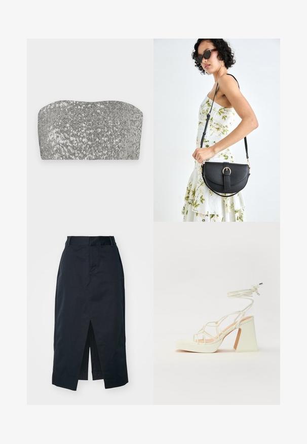 Silberner Pailletten-Bandeau-Top mit einer geschwungenen Form, glatter Textur und schimmerndem Finish. Verfügt über eine schlichte, trägerlose Silhouette.; Dunkelblaues Midi-Rock aus Baumwollmischgewebe mit einem vorderen Schlitz, verdecktem Reißverschluss und praktischen Seitentaschen.; Weiße High-Heel-Sandale mit einem klobigen Absatz, die über ein Riemchendesign und ein Knöchelband verfügt. Glatte Textur mit einer Plattform vorne für zusätzliche Höhe.; Schwarze Lederhandtasche mit geschwungener Form, abnehmbarem Tragegurt und goldenen Beschlägen. Die Tasche verfügt über einen Deckel mit einer Schnallen-Details.