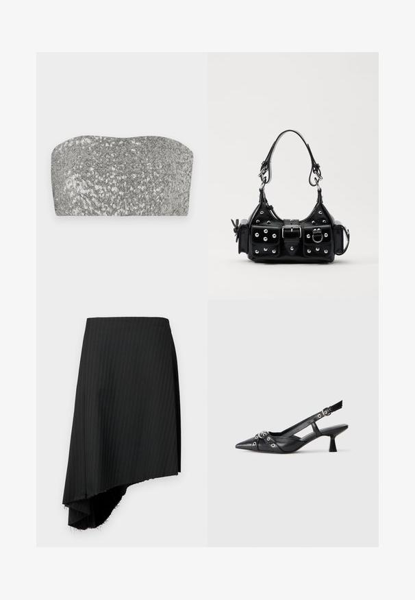Silberner Pailletten-Bandeau-Top mit einer geschwungenen Form, glatter Textur und schimmerndem Finish. Verfügt über eine schlichte, trägerlose Silhouette.; Schwarzer, gestreifter Rock mit asymmetrischem Saum, der rohen Kanten aufweist. Aus leichtem Stoff mit glatter Textur gefertigt.; Schwarzer Leder-Slingback-Schuh mit spitz zulaufender Zehenpartie, dekorativen Riemen mit METALLÖSEN und niedrigem Blockabsatz. Strukturelle Oberfläche.; Schwarze Lederhandtasche mit einem geschwungenen Design, verziert mit silbernen Nieten, einer Schnalle und zwei seitlichen Taschen. Verstellbarer Träger für verschiedene Tragemöglichkeiten.