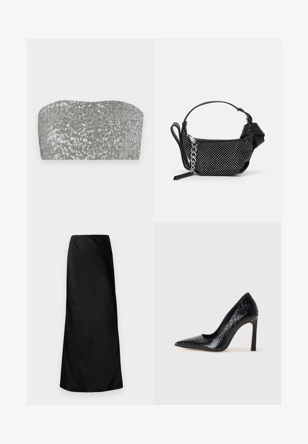 Haut bandeau en sequins argentés avec un design incurvé, une texture lisse et une finition scintillante. Présente une silhouette simple sans bretelles.; Norma Kamali BIAS OBIE SKIRT - Jupe longue - black; Escarpin noir à bout pointu avec texture en cuir de crocodile, présentant un design élégant, un haut talon aiguille et un intérieur noir lisse.; Sac à main noir avec des embellissements cloutés, une bandoulière en chaîne et une poignée en cuir lisse, de forme arrondie et avec un compartiment zippé.