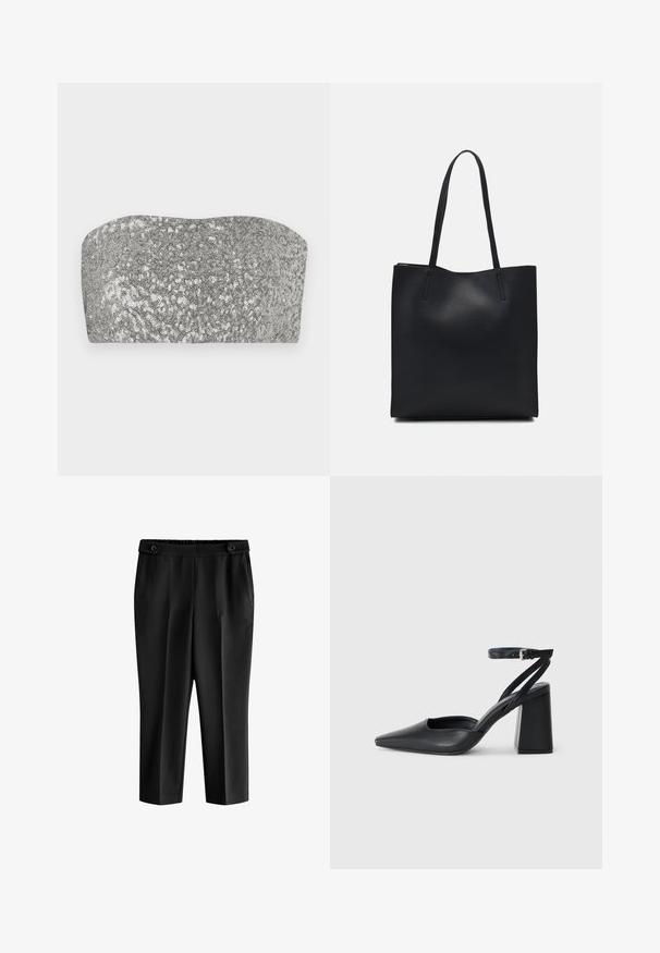 Ezüst flitteres bandeau felső ívelt kialakítással, sima textúrával és csillogó felülettel. Egyszerű, pánt nélküli sziluettel rendelkezik.; Fekete cropped nadrág laza szabással, gumis derékkal és két elülső zsebbel. Az anyag sima textúrájú, enyhén fényes felülettel.; Fekete bőr, hegyes orrú magassarkú cipő boka pánttal és vastag sarokkal. Sima textúra, elegáns dizájn és minimális esztétika.; Fekete bőrtáska sima felszínnel, téglalap alakú, két hosszú füllel. Nincs látható fémkiegészítő vagy díszítés.