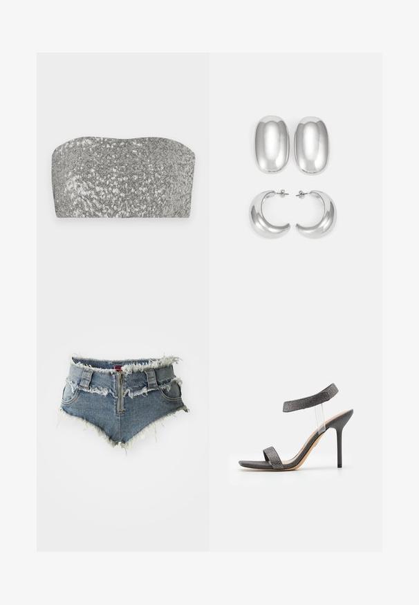 Silver sequin bandeau top with a curved design, smooth texture, and shimmering finish. Features a straightforward, strapless silhouette.; Denim shorts with frayed hem, high waist, zip front closure, and two front pockets. Material is a faded blue denim with distressed details.; Black heeled sandal with a transparent strap, textured upper, and slim stiletto heel. Features a wide front band and shimmery accents.; Silver-colored earrings set: two oval studs and two crescent-shaped hoops, featuring a glossy, smooth finish and a rounded design.