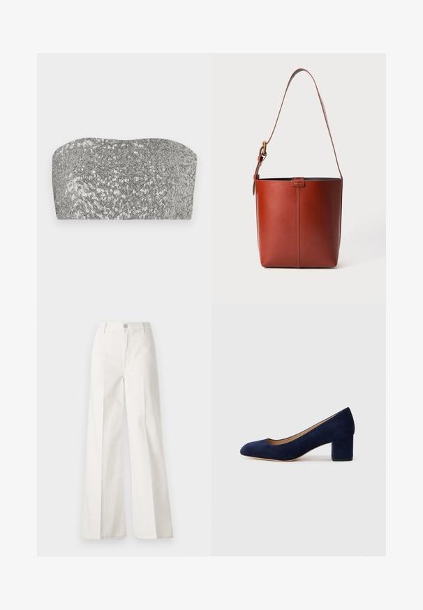 Top bandeau de lentejuelas plateadas con un diseño curvado, textura suave y acabado brillante. Presenta una silueta sencilla y sin tirantes.; Pantalones de pierna ancha blancos hechos de algodón con una textura suave. Cuenta con un botón delantero, cremallera y un diseño de cuatro bolsillos.; Zapato de tacón de ante azul marino con punta afilada y tacón bloque de altura media. Textura suave con un ligero brillo y un pequeño corte en la parte delantera.; Bolso de cuero marrón tipo cubo con correa para el hombro ajustable y hebilla dorada, con un simple detalle de costura vertical en la parte frontal.