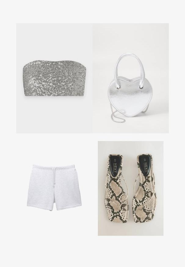 Silver sequin bandeau top with a curved design, smooth texture, and shimmering finish. Features a straightforward, strapless silhouette.; Light grey cotton shorts with an elastic waistband and drawstring. Features a soft texture and a straight cut with no visible patterns.; Flat sandals featuring a snakeskin pattern in shades of beige and gray, with a thong design and a smooth black insole labeled "NEXT."; Silver metallic heart-shaped handbag with dual handles, chain strap, and smooth texture. Features metal hardware and stitched edges.