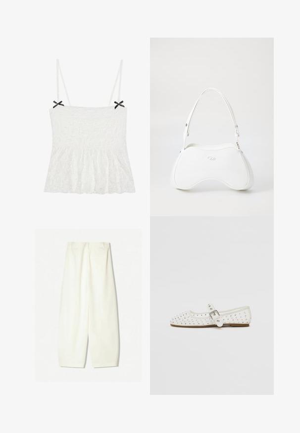 Weiße Spitzen-Camisole mit dünnen Trägern, die schwarze Schleifen an den Schultern und einen ausgestellten Saum für ein feminines Design aufweist.; Weite Hosen aus einem weichen Creme-Stoff, mit glatter Textur, seitlichen Taschen und einem lässigen Schnitt mit mittelhohem Bund.; Weiße flache Schuhe mit einer spitzen Zehe, verziert mit silbernen Nieten, verfügen über einen Schnallenriemen über dem Spann und eine hellbraune Sohle.; Weißes Handtasche mit glatter, glänzender Oberfläche, geschwungener Form und einem einzigen verstellbaren Trageriemen. Auf der Vorderseite ist ein eingeprägtes Logo vorhanden.