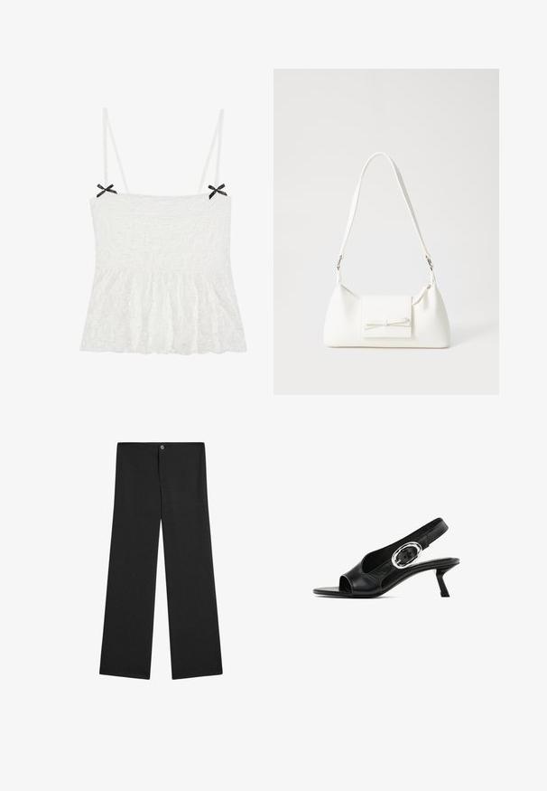 Camisola bianca in pizzo con spalline sottili, caratterizzata da fiocchi neri sulle spalle e un orlo svasato per un design femminile.; Pantaloni a gamba larga neri realizzati in tessuto leggero, dotati di chiusura a bottone, senza motivi visibili e con una texture liscia e uniforme.; Scarpa slingback in pelle nera con punta aperta, dotata di una particolare fibbia ovale argento sulla cinghia e un tacco a rocchetto sottile. Texture liscia.; Borsa sintetica bianca a forma triangolare, con patta anteriore piatta e dettaglio a fiocco, tracolla regolabile, texture liscia e design minimalista.