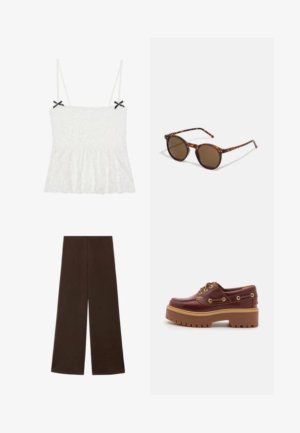 Camisole blanca de encaje con tirantes finos, con lazos negros en los hombros y un dobladillo acampanado para un diseño femenino.; Pantalones de pierna ancha hechos de una tela suave de color marrón oscuro. Presenta una cintura alta y un diseño minimalista sin adornos.; Zapato de barco de cuero marrón con una suela de goma marrón gruesa, ojales dorados y costuras de contraste. Presenta un logo en el lado.; Gafas de sol redondas con montura de Carey's y lentes marrones. Presentan patillas delgadas con ligera textura y acentos metálicos cerca de los lentes.