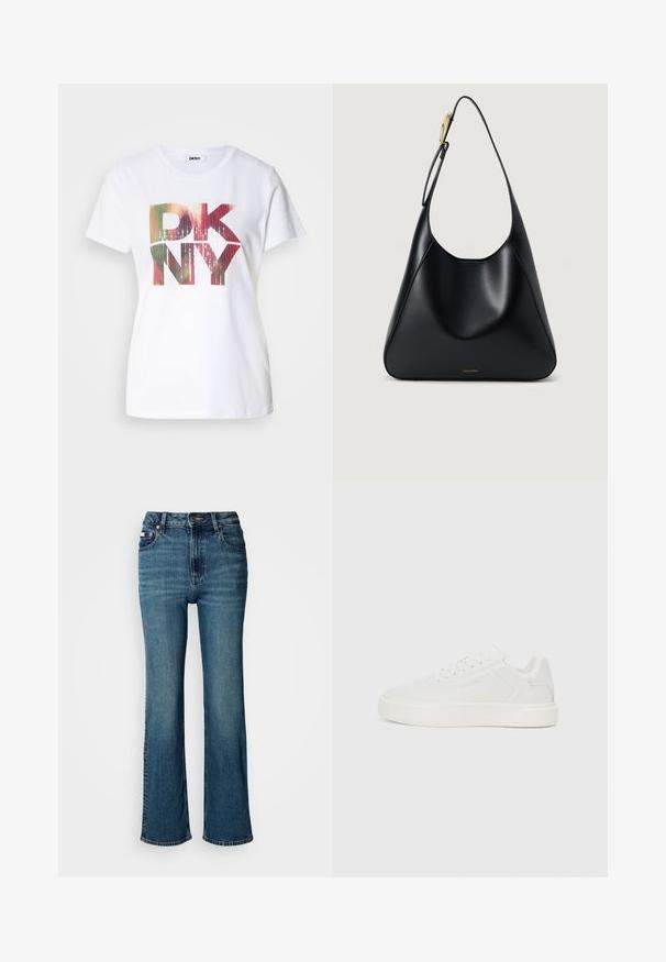 Camiseta de algodón blanca con un gran logo "DKNY" colorido que presenta un efecto de degradado y acentos brillantes. Diseño clásico de cuello redondo.; Jeans de tiro alto en azul, confeccionados en denim, con un diseño de pierna recta, un ligero desvanecido y un cierre estándar de botón y cremallera.; Zapatillas bajas blancas con suela plana, parte superior sintética suave, punta redonda y costuras tonales. Cuenta con cierre de cordones y branding lateral.; Bolso de hombro de cuero negro con una textura suave, silueta curva y un acento en metal dorado. Presenta un logo de la marca embosado en la base.
