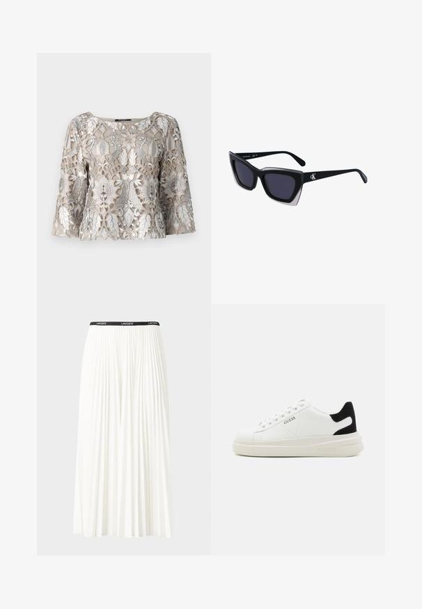 Béžový vyšívaný top se stříbrnou nití, který zobrazuje květinové a listové vzory. Výstřih do véčka a zvonové rukávy; strukturovaná povrchová úprava látky.; Záhybová bílá sukně s černým elastickým pasem s logem "LACOSTE". Suška je střední délky a má jemnou texturu.; Bílé kožené tenisky s tlustou bílou podrážkou, černým semišovým akcentem na patě a vyraženým logem na boku. Šněrovací design se šesti očka.; Černé oversized sluneční brýle geometrického tvaru, s tmavými skly a kontrastním šedým detailem na rámu. Logo na rameni.