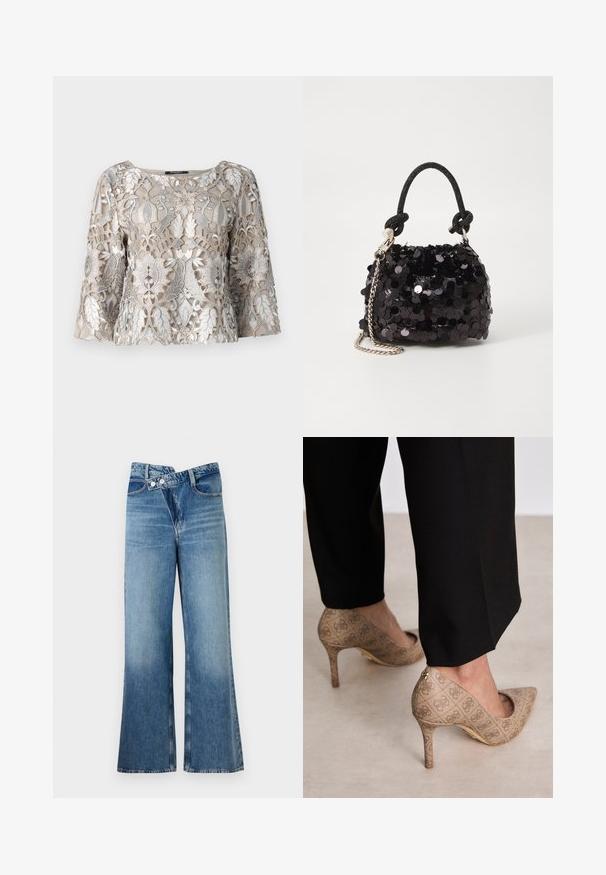 Top beige ricamato con filo d'argento che presenta motivi floreali e fogliari. Collo a barchetta e maniche a campana; finitura in tessuto testurizzato.; Jeans a zampa d'elefante in denim blu chiaro con vita alta, dotati di due bottoni e tasche frontali. Il tessuto ha una texture sbiadita con variazioni sottili.; Scarpe con tacco alto beige in tessuto testurizzato con un motivo ripetuto. Design con punta appuntita e dettaglio dorato sul tacco.; Mini borsa a tracolla nera in paillettes con una tracolla texturizzata annodata e catena argentata. Forma rotonda con parte superiore arricciata e dettagli riflettenti.