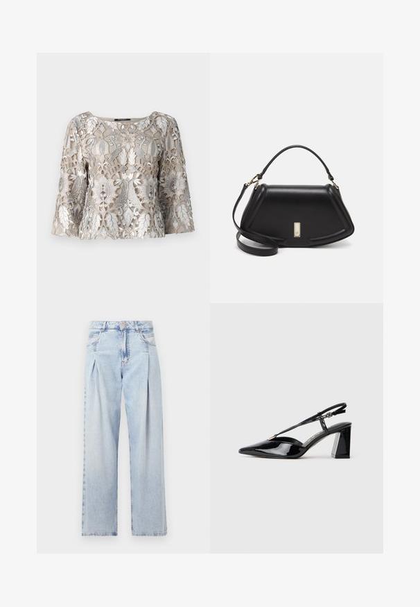 Beige geborduurd top met zilverdraad, voorzien van bloemen- en bladmotieven. ronde halslijn en klokmouwen; textuurstofafwerking.; Lichtblauwe denim jeans met een hoge taille, wijde pijpen, twee zijzakken en geplooid ontwerp. Zachte textuur met een vervaagd uiterlijk.; Zwarte gepatineerde lederen slingback hakschoenen met een spitse neus, verstelbare band en stevige rechthoekige hak.; Zwarte leren handtas met een gestructureerd ontwerp, featuring een verkorte vorm, bovenhandvat en gouden hardwareaccent. Inclusief verstelbare schouderband.