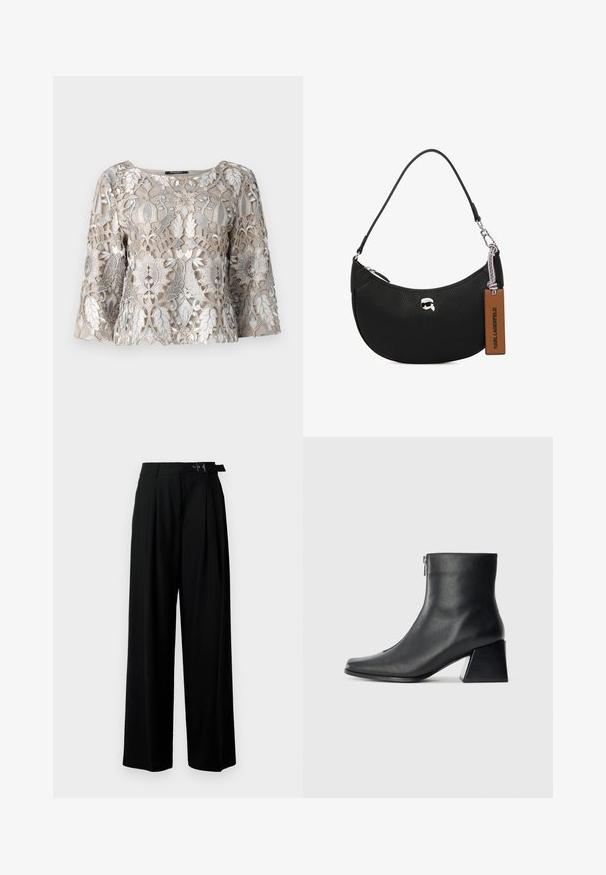 Beige geborduurd top met zilverdraad, voorzien van bloemen- en bladmotieven. ronde halslijn en klokmouwen; textuurstofafwerking.; Zwarte wijde broek met hoge taille, plooien aan de voorkant en een riem met een gesp. Gemaakt van glad, lichtgewicht stof.; Zwarte leren enkellaars met vierkante neus, zijrits en blokhak tegen een effen lichte achtergrond.; Zwarte leren handtas met een steentjesstructuur, gebogen vorm, bovenste ritsluiting, zilverkleurige hardware en een bruine label. Bevat een logo-accent.