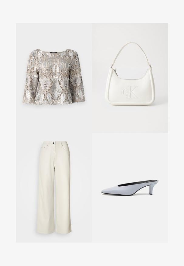 Beige embroidered top with silver thread featuring floral and leaf patterns. Scoop neckline and bell sleeves; textured fabric finish.; Cream wide-leg pants made of smooth fabric. Features a mid-rise waist, zipper fly, and two front pockets with black hardware accents.; Light blue patent leather mule with a pointed toe, low transparent heel, and a sleek design featuring a cut-out at the vamp.; White leather handbag with a curved shape, featuring an embossed "CK" logo on the front and a single shoulder strap. Zipper closure at top.