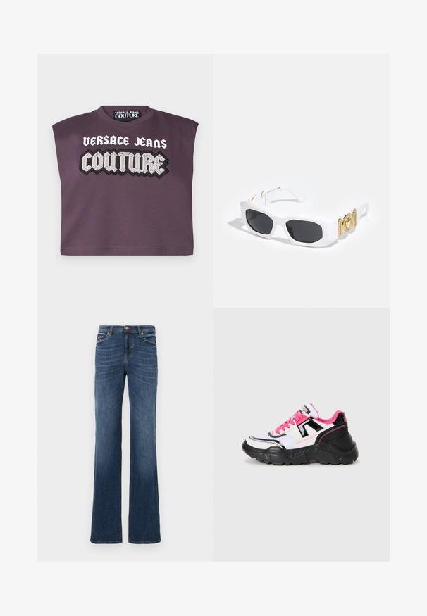 Lilla lühikese varrukaga puuvillane lühike t-särk. Omab graafilist printi, millel on kirjas "VERSACE JEANS COUTURE" kontrastsete valgete ja mustade tähtedega.; Tumedast teksasest püksid sirge säärega, terved õmblused, peene kulumine ees ja klassikaline nööbi ja tõmbluku sulgemine.; Paksud sandaal, musta tallaga, valge ja must ülemine osa, roosa närv, roosa sisekate ning "Versace Jeans Couture" bränding küljel ja kanna peal.; Valged prillid, millel on nurkadega raam, mustad läätsed ja kuldsed medaljonid templeitel. Valmistatud plastikust, mille pind on sile.