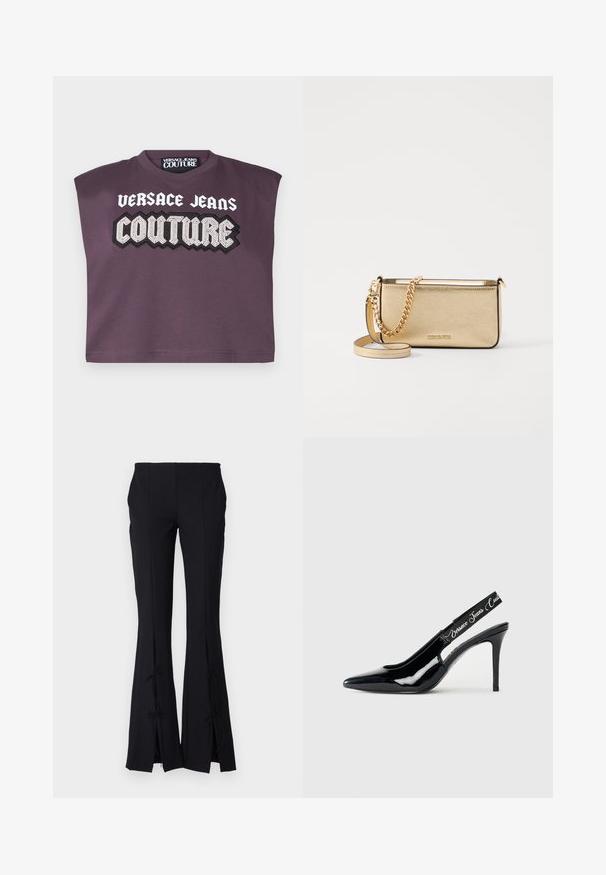 Lilla lühikese varrukaga puuvillane lühike t-särk. Omab graafilist printi, millel on kirjas "VERSACE JEANS COUTURE" kontrastsete valgete ja mustade tähtedega.; Mustad flared püksid, mis on valmistatud siledast kangast, esitavad hemil lõikeid, mis on seotud paeladega lisadetaili jaoks.; Must must kuld- ja patendi nahast slingback kontsaga kingad terava varba kujundusega, millel on lõikeosa ja elastne rihm, milles on brändi nimi reljeefina sisse pressitud.; Metalliseeritud kullast nahkklamber, millel on tekstiilfiniš, kuldne ketstrap ja eemaldatav õlavarre rihm. Brändi logo on sisse pressitud.