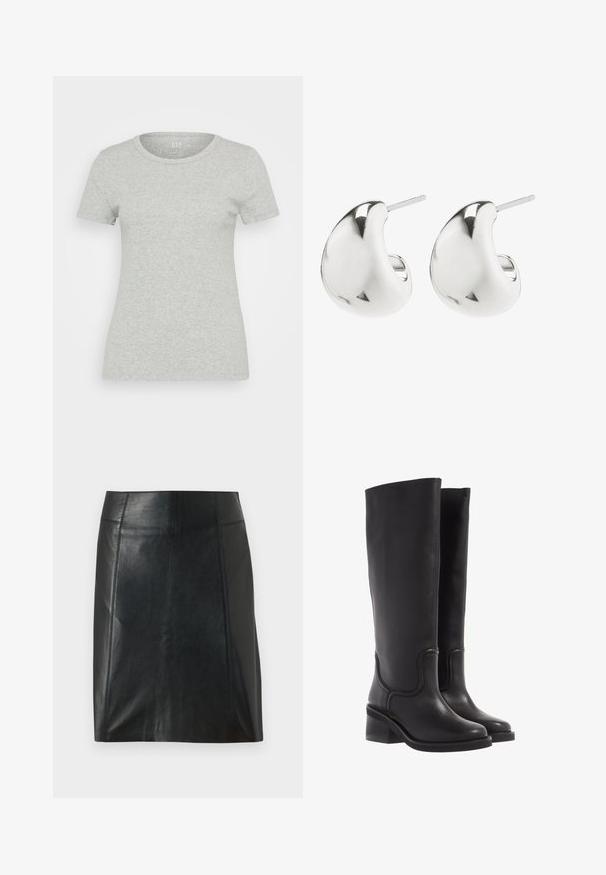GAP Navadna majica - heather grey; Črna usnjena krilo s prilegajočo zasnovo. Gladka tekstura, šivi, ki obdajajo obliko, in ravna obroba. Minimalističen in eleganten videz.; Črne usnjene škornje do kolen z gladko teksturo, zaokroženim prstom in robustnim petnim delom. Imajo diskretne šive in poenoteno zasnovo.; Srebrne uhane s studom z gladkim, ukrivljenim dizajnom. Imajo polirano površino in zaponko za varno nošenje.