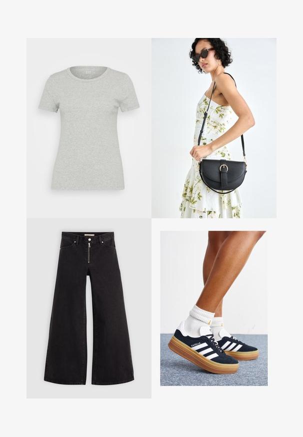 GAP Paprasti marškinėliai - heather grey; Plačios kojų džinsai iš juodo džinsinio audinio su užtrauktuku priekyje, penkių kišenių dizainu ir subtiliais siuvinėjimo akcentais. Lygus paviršius ir laisvalaikio stilius.; Juodi zomšiniai sportbačiai su baltais dryžiais ir akcentais, apvalios nosies, guminio, gumos pado, derinami su baltais raitytais vidutinio ilgio kojinaitėmis.; Juodas odinis krepšys su išlenkta forma, nuimamu dirželiu ir auksiniais detalėmis. Krepšys turi kilpą su sagtimi.