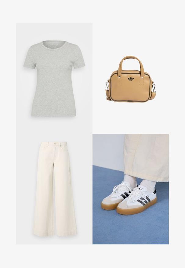 GAP T-shirt básica - heather grey; Calças de ganga de perna larga em bege claro, com cintura alta, dois bolsos frontais, fecho de botão e detalhes de costura subtil.; Ténis brancos com riscas pretas e detalhes em camurça bege. Apresentam uma sola de borracha texturizada e atacadores brancos lisos, usados com meias de tom claro.; Bolsa de couro vegan bege com duas alças, alça de ombro destacável, costura de destaque preta e um pequeno logótipo preto na parte frontal.