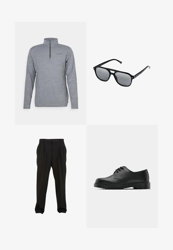 Szary sweter z wysokim kołnierzem i krótkim zapięciem na zamek. Posiada długie rękawy i subtelną teksturowaną tkaninę. Logo Calvin Klein nadrukowane na piersi.; Czarne spodnie z gładkiego materiału, z kieszeniami z przodu, zapinane na guzik w pasie i zwężanymi mankietami przy kostkach. Klasyczny sylwetka w stylu szytym na miarę.; Czarne skórzane półbuty oxford z zapięciem na sznurowadła, zaokrąglonym noskiem, płaską gumową podeszwą oraz subtelnym przeszyciem na cholewce.; Czarne okulary przeciwsłoneczne z prostokątnymi oprawkami, szarymi soczewkami i wycięciem w mostku. Gładki, błyszczący materiał plastikowy, z wąskimi zausznikami.