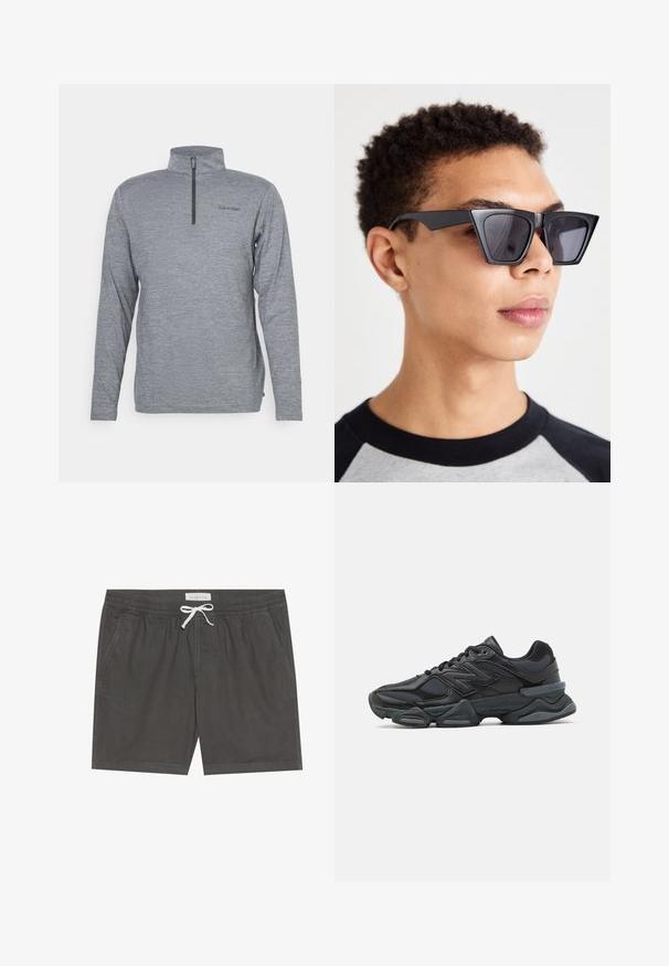 Pulover gri cu guler înalt și fermoar scurt. Are mâneci lungi și un material texturat subtil. Logo-ul Calvin Klein imprimat pe piept.; Pantaloni de baie gri dintr-un material moale, cu un brâu elastic și o sfoară albă de ajustare, detalii cusute și buzunare laterale.; Pantofari de alergare negri, cu un amestec de plasă și materiale sintetice, talpă masivă, design curbat și branding proeminent pe lateral.; Ochelari de soare negri, unghiulari, cu lentile închise la culoare, având un design geometric îndrăzneț și o finisare mată. Purtați de o persoană cu păr scurt.