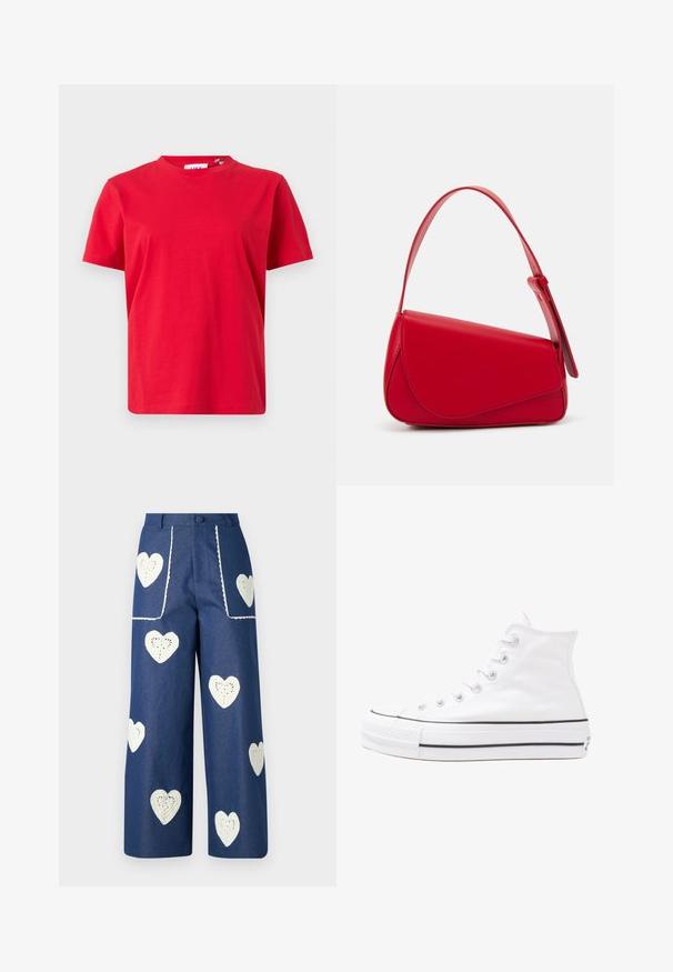 Tricou roșu cu mâneci scurte, fabricat din bumbac. Are guler rotund și o croială dreaptă. Textură netedă, fără modele sau detalii vizibile.; Sister Jane HEART TO HEART - Blugi drepți - blue denim; Adidași albi tip pantofi sport cu glezna din pânză, cu talpă din cauciuc negru, capac de vârf din cauciuc frontal și șase ochiuri pentru șireturi, având un design curat și minimalist.; Geantă de mână din piele roșie, cu un design unghiular și geometric. Dispune de o singură curea ajustabilă și un sistem de închidere cu clapetă, cu detalii cusute.