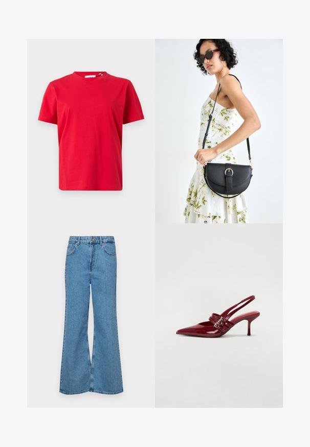 Piros, rövid ujjú pamut póló. Kerek nyakkivágással és egyenes szabással rendelkezik. Simasága miatt nincsenek látható minták vagy részletek.; Világoskék, trapézszárú farmernadrág, magas derékkal, öt zsebbel és egy gombos záródással. Puha tapintású, magasított effektusú anyag.; Piros lakkbőr slingback sarokcipő, hegyes orral, két csatoló pánttal és vékony, közepes magasságú stiletto sarokkal. Simább textúrájú.; Fekete bőrtáska ívelt formával, levehető pánttal és arany színű fémrészekkel. A táskán egy csattal díszített fedél található.