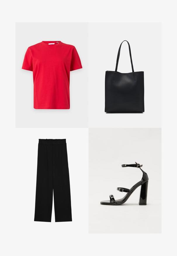 Rød t-skjorte med korte ermer laget av bomull. Har rund hals og rett passform. Glatt tekstur uten synlige mønstre eller detaljer.; Svarte vide bukser med rynket liv, med to sidelommer og et glatt, lett stoff. Ingen synlige mønstre eller metalldeler.; Svart høyglans sandaler med hæl, firkantet tå, ankelremmer og sølvspenner. Har en kraftig blokkhæl for stabilitet.; Svart lær tote bag med glatt tekstur, rektangulær form og to lange håndtak. Ingen synlige deler eller dekorasjoner.
