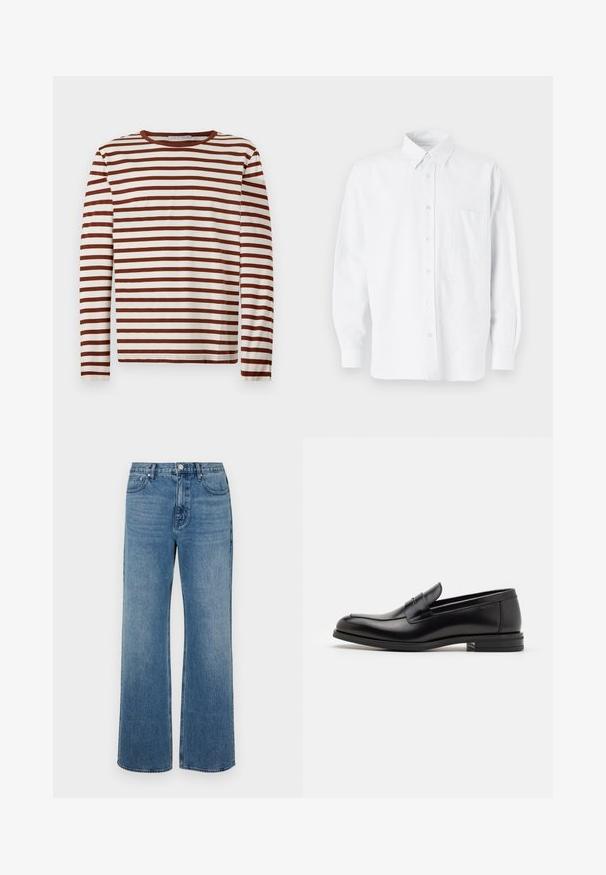 Ilgų rankovių apvalios apykaklės marškiniai su horizontaliomis rudos ir baltos spalvos juostelėmis, pagaminti iš minkštos medžiagos, iškloti ant šviesaus fono.; Balta mygtukinė marškiniai su apykakle, turinti subtilias vertikalias juosteles, ilgomis rankovėmis, krūtinės kišene ir klasikiniais apvaliais kraštais.; Platus blaujos džinsai, pagaminti iš dėvėtos džinsinio audinio. Sukurtas su penkiomis kišenėmis, priekiniais sagčių uždarymu ir tiesiu kirpimu.; Juodos odinės loafers, turinčios lygų paviršių, apvalią noselę ir dekoratyvinę juostą per priekinę dalį. Žemas krentantis kulnas, minimalistinis dizainas.