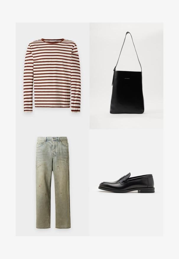 Dlhý rukáv s výstrihom do Crew s horizontálnymi hnedo-bielymi pruhmi, vyrobený z mäkkého materiálu, položený na svetlom pozadí.; Zničené džínsy vo svetlozelenej farbe s rovnými nohavicami, piatimi vreckami a nerovnomerným vyblednutím so škvrnami od farby.; Čierne kožené mokasíny s hladkou textúrou, zaoblenou špičkou a dekoračným pásikom cez priehlavok. Nízky vrstvený opätok, minimalistický dizajn.; Čierna kožená ramenná taška s hladkou textúrou, obdĺžnikovým tvarom a dlhým popruhom; na strede sa nachádza malé biele logo.