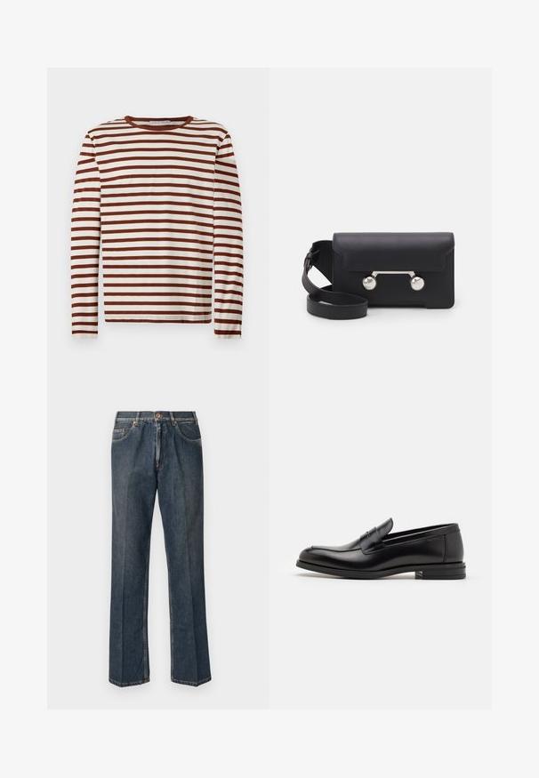 Dlhý rukáv s výstrihom do Crew s horizontálnymi hnedo-bielymi pruhmi, vyrobený z mäkkého materiálu, položený na svetlom pozadí.; Tmavomodré rovné džínsy s predným gombíkom, zipsom, dvojitými prednými vreckami a viditeľnými vertikálnymi pukmi pozdĺž nohavíc.; Čierne kožené mokasíny s hladkou textúrou, zaoblenou špičkou a dekoračným pásikom cez priehlavok. Nízky vrstvený opätok, minimalistický dizajn.; Čierna kožená crossbody taška s klopovým uzáverom, strieborné nity a dve okrúhle ozdoby. Obsahuje odnímateľný popruh. Hladký povrch.