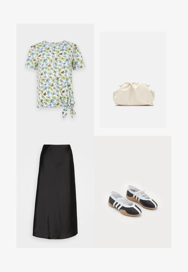 Short-sleeve, white T-shirt with floral print in blue, green, and brown. Features a knotted detail at the side for a gathered effect.; Black satin midi skirt with a smooth texture, A-line shape, and a subtle sheen. Features a sleek, uncomplicated design without embellishments.; Black and white athletic shoes with a sleek design, rubber sole, lace-up closure, and three white stripes on the sides.; Cream-colored, soft faux leather bag with gathered design, adjustable strap, and subtle drawstring closure. Smooth texture and rounded shape.