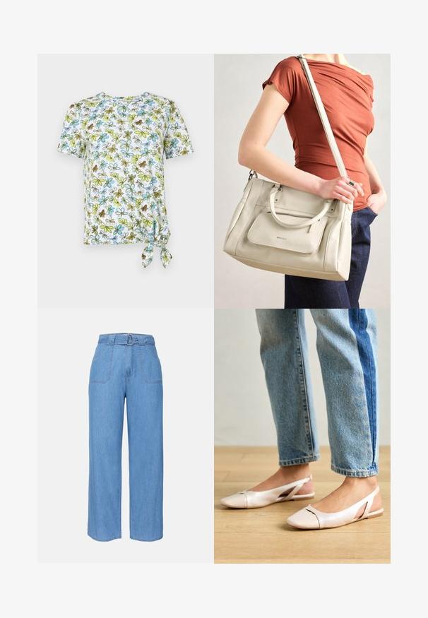 Short-sleeve, white T-shirt with floral print in blue, green, and brown. Features a knotted detail at the side for a gathered effect.; Light blue denim wide-leg trousers with a belted waist, two front pockets, and a plain texture. Features a minimalist design and clean lines.; Pale pink slingback flats with a pointed toe, made from a smooth leather-like material. Features cut-out details at the sides and a flat heel.; White leather handbag with dual handles and a detachable strap, featuring a front zip pocket and smooth texture. Carrying on a person's arm.