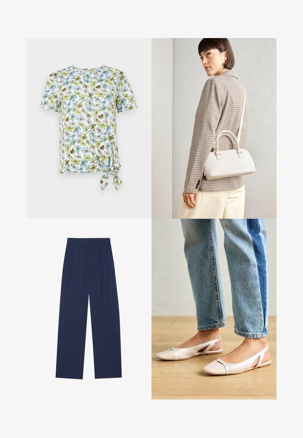 Kratki rukavi, bijela majica s cvjetnim uzorkom u plavoj, zelenoj i smeđoj boji. Ima čvoranu dekoraciju sa strane za nabran efekt.; Tamno plave hlače širokih nogavica, izrađene od mekog materijala, s prednjim nabora, glatke teksture i ravnog kroja bez vidljivih džepova.; Svijetlo ružičaste slingback balerinke s šiljastim vrhom, izrađene od glatkog materijala nalik koži. Sadrže izrezane detalje sa strane i ravnu petu.; Bijela strukturna torba s kratkim ručkama i remenom za rame, s zlatnim metalnim detaljima i teksturiranim materijalom, prikazana na sivoj pozadini.