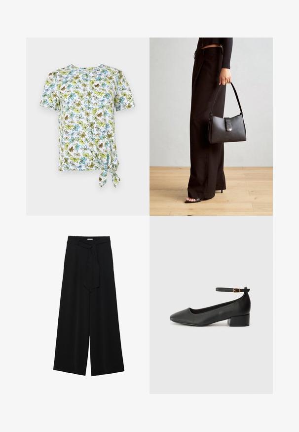 Bílý tílko s krátkým rukávem a květinovým potiskem v modré, zelené a hnědé barvě. Má uzlový detail na boku pro efekt skládání.; Černé kalhoty s širokými nohavicemi, vyrobené z texturované tkaniny, s elastickým pasem a odnímatelným páskem na úpravu velikosti.; Černé kožené lodičky s špičatou špičkou a nízkým blokovým podpatkem. Obsahují pásek kolem kotníku se zlatou sponou. Hladký povrch.; Černá kabelka se strukturovaným tvarem, hladkým povrchem a kovovým uzávěrem. Kombinována s širokými černými kalhotami a sandály s otevřenou špičkou na dřevěné podlaze.